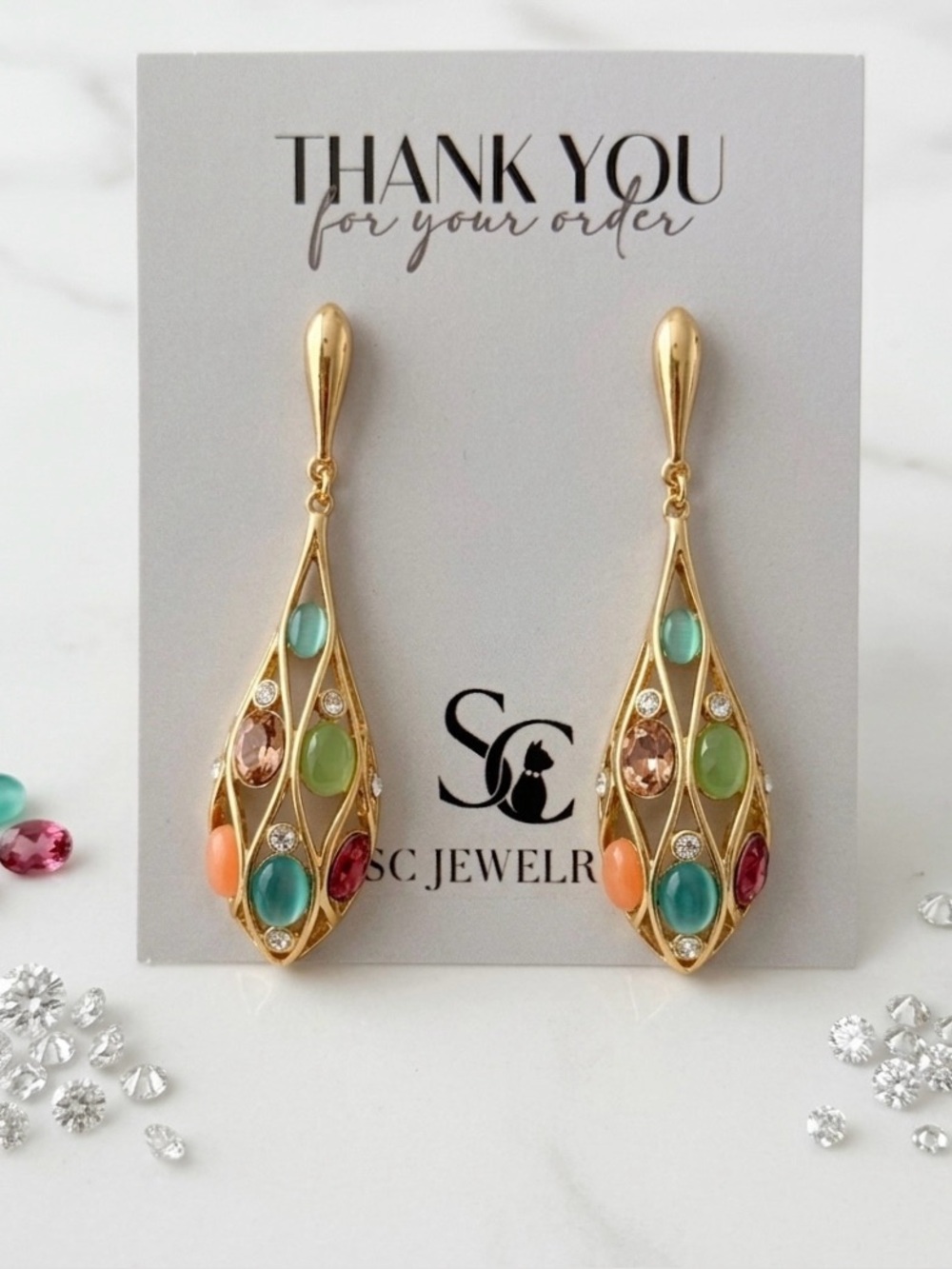 14K Gold Plated Australian Crystal Tear Drop Earrings Hypoallergenic Limited - Picture 3 of 3